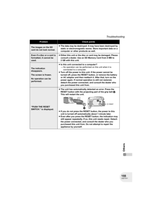 Page 155155LSQT1011
Troubleshooting
Others
ProblemCheck points
The images on the SD 
card do not look normal.≥The data may be destroyed. It may have been destroyed by 
static or electromagnetic waves. Store important data on a 
computer or other products as well.
Even if a disc or a card is 
formatted, it cannot be 
used.≥Either this unit or the disc or card may be damaged. Please 
consult a dealer. Use an SD Memory Card from 8 MB to 
2 GB with this unit.
The indication 
disappears.
The screen is frozen.
No...