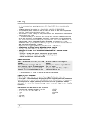 Page 24Before using
24LSQT1145
≥For the purposes of these operating instructions, DVD-R and DVD-R DL are referred to as the 
“DVD-R”.
≥Still pictures cannot be recorded on a disc with this unit. (VDR-D310/VDR-D230)
≥You cannot record or play continuously from one side of the disc to the other when using a double 
sided disc. You will need to eject the disc and turn it over.
≥Discs inserted in a holder, cartridge, or caddy case cannot be used. Always remove bare discs from 
these containers prior to use.
≥It is...