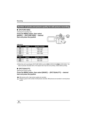 Page 52Recording
52LSQT1145
∫[PICTURE SIZE]
Changing the recording size.
Press the MENU button, then select 
[BASIC] # [PICTURE SIZE] # desired 
item and press the joystick.
VDR-D310:
VDR-D230:
≥When this unit is purchased, [PICTURE SIZE] is set to [ ] (VDR-D310)/[ ] (VDR-D230). The 
sides of pictures recorded with a 16:9 aspect ratio may be cut at printing. Check before printing.
∫[PICT.QUALITY]
Selecting the picture quality.
Press the MENU button, then select [BASIC] # [PICT.QUALITY] # desired 
item and press...