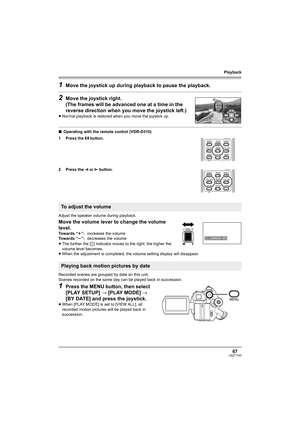 Page 67Playback
67LSQT1145
1Move the joystick up during playback to pause the playback.
2Move the joystick right. 
(The frames will be advanced one at a time in the 
reverse direction when you move the joystick left.)
≥Normal playback is restored when you move the joystick up.
∫Operating with the remote control (VDR-D310)
1 Press the ; button.
2 Press the E
 or D button.
Adjust the speaker volume during playback.
Move the volume lever to change the volume 
level.
≥The further the [ ] indicator moves to the...