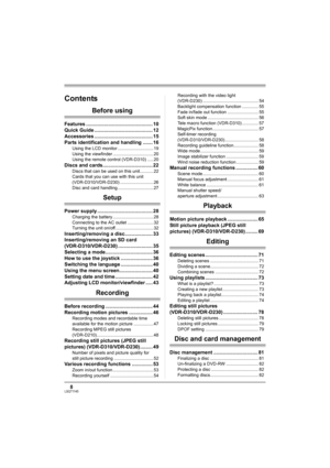 Page 88LSQT1145
Before using
Features ................................................ 10
Quick Guide .......................................... 12
Accessories .......................................... 15
Parts identification and handling ....... 16
Using the LCD monitor ............................. 19
Using the viewfinder ................................. 20
Using the remote control (VDR-D310) ..... 20
Discs and cards.................................... 22
Discs that can be used on this unit........... 22...