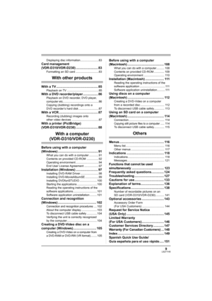 Page 99LSQT1145
Displaying disc information....................... 83
Card management 
(VDR-D310/VDR-D230) ......................... 83
Formatting an SD card ............................. 83
With other products
With a TV ............................................... 85
Playback on TV ........................................ 85
With a DVD recorder/player................. 86
Playback on DVD recorder, DVD player, 
computer etc............................................. 86
Copying (dubbing) recordings onto a...