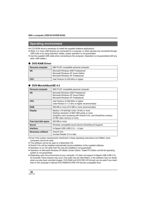 Page 94With a computer (VDR-D310/VDR-D230)
94LSQT1145
≥A CD-ROM drive is necessary to install the supplied software applications.
≥When 2 or more USB devices are connected to a computer, or when devices are connected through 
USB hubs or by using extension cables, proper operation is not guaranteed.
≥Use the supplied USB cable when connecting to the computer. (Operation is not guaranteed with any 
other USB cables.)
∫DVD-RAM Driver
∫DVD-MovieAlbumSE 4.3
≥Even if the system requirements mentioned in these...