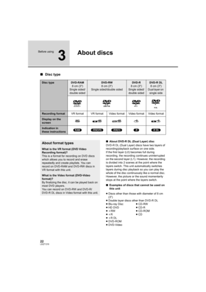 Page 2222LSQT1319
Before using
3
About discs
∫Disc type
∫About DVD-R DL (Dual Layer) disc
DVD-R DL (Dual Layer) discs have two layers of 
recording/playback surface on one side.
If the first layer (L0) becomes full during 
recording, the recording continues uninterrupted 
on the second layer (L1). However, the recording 
is divided into 2 scenes at the point where the 
layers switch. This unit automatically switches 
layers during disc playback so you can play the 
whole of the disc continuously like a normal...