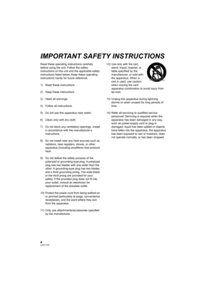 Page 44LSQT1319
IMPORTANT SAFETY INSTRUCTIONS
Read these operating instructions carefully 
before using the unit. Follow the safety 
instructions on the unit and the applicable safety 
instructions listed below. Keep these operating 
instructions handy for future reference.
1) Read these instructions.
2) Keep these instructions.
3) Heed all warnings.
4) Follow all instructions.
5) Do not use this apparatus near water.
6) Clean only with dry cloth.
7) Do not block any ventilation openings. Install 
in...