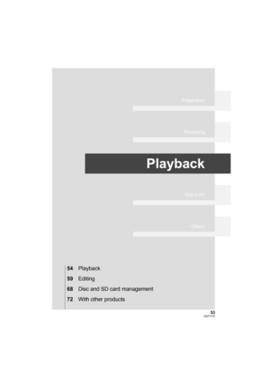 Page 5353LSQT1319
Preparation
Recording
Playback
With a PC
Others
54Playback
59Editing
68Disc and SD card management
72With other products
VDR-D50P&PC-LSQT1319_eng.book  53 ページ  ２００７年１１月１４日　水曜日　午後５時２１分 