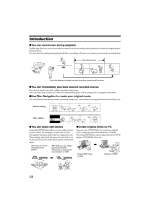 Page 1212
QR34642
Introduction
●You can record even during playback
Unlike tape devices, you do not need to search for the recording start position or locate the beginning of 
blank portion. 
You can start recording during playback New recording will not overwrite any previously recorded data.
●You can immediately play back desired recorded scenes
You do not need to rewind, unlike recorders using tape.
You can select any scene you want and immediately play it back (using Disc Navigation function).
●Use Disc...