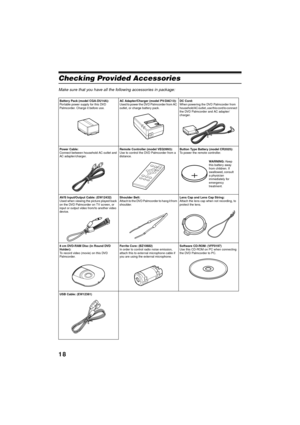 Page 1818
QR34642
Checking Provided Accessories
Make sure that you have all the following accessories in package: 
Battery Pack (model CGA-DU14A):
Portable power supply for this DVD 
Palmcorder. Charge it before use.AC Adapter/Charger (model PV-DAC13):
Used to power the DVD Palmcorder from AC 
outlet, or charge battery pack.DC Cord:
When powering the DVD Palmcorder from 
household AC outlet, use this cord to connect 
the DVD Palmcorder and AC adapter/
charger.
Power  Ca ble:
Connect between household AC outlet...