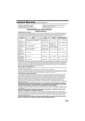 Page 173173
QR34662
Limited Warranty (For USA Customers)
Panasonic/Quasar Video Products 
Limited Warranty 
Product
Camcorder
DVD/VCR Deck,
A/V Mixer 
TV/VCR, TV/DVD,
TV/DVD/VCR
Combination 
TV/HDR
Combination
Rechargeable
Batteries
(in exchange for
defective item)  
Tape
(in exchange for
defective item)   
Memory Cards
(in exchange for
defective item)   
LaborNinety (90) Days 
Ninety (90) Days 
Ninety (90) Days 
Ninety (90) Days 
Ninety (90) Days 
Ninety (90) Days 
Ninety (90) Days 
Not Applicable 
Not...