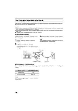 Page 3838
QR34642
Setting Up the Battery Pack
The CGA-DU14A battery pack provided with this DVD Palmcorder has not been charged at purchase time: 
Charge it before using the DVD Palmcorder.
Note:Note:Be sure to use the specified battery pack CGA-DU14A (provided) for the DVD Palmcorder: Using other batteries could 
cause the DVD Palmcorder to malfunction, or result in fire.
Be sure to use the specified AC adapter/charger to charge the battery pack: Using other chargers could cause electric 
shock or fire....