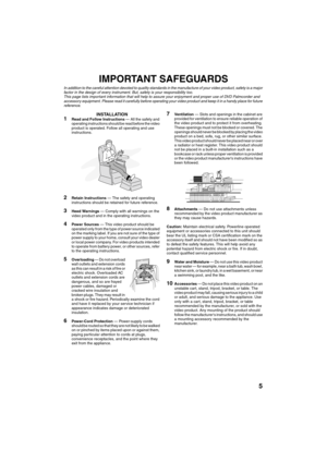 Page 55
QR34642
IMPORTANT SAFEGUARDS
In addition to the careful attention devoted to quality standards in the manufacture of your video product, safety is a major 
factor in the design of every instrument. But, safety is your responsibility too.
This page lists important information that will help to assure your enjoyment and proper use of DVD Palmcorder and 
accessory equipment. Please read it carefully before operating your video product and keep it in a handy place for future 
reference.
INSTALLATION1Read...