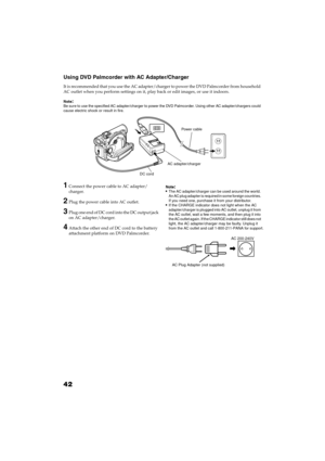 Page 4242
QR34642
Using DVD Palmcorder with AC Adapter/Charger
It is recommended that you use the AC adapter/charger to power the DVD Palmcorder from household 
AC outlet when you perform settings on it, play back or edit images, or use it indoors.
Note:Note:Be sure to use the specified AC adapter/charger to power the DVD Palmcorder. Using other AC adapter/chargers could 
cause electric shock or result in fire.
1Connect the power cable to AC adapter/
charger.
2Plug the power cable into AC outlet.
3Plug one end...