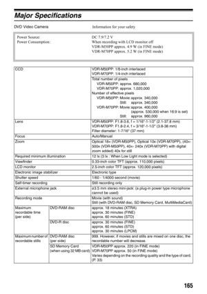 Page 165165
Major Specifications
DVD Video CameraInformation for your safety
Power Source: DC 7.9/7.2 V
Power Consumption: When recording with LCD monitor off
VDR-M50PP approx. 4.9 W (in FINE mode)
VDR-M70PP approx. 5.2 W (in FINE mode)
CCD VDR-M50PP: 1/6-inch interlaced
VDR-M70PP: 1/4-inch interlaced
Total number of pixels
VDR-M50PP: approx. 680,000
VDR-M70PP: approx. 1,020,000
Number of effective pixels
VDR-M50PP: Movie: approx. 340,000
Still: approx. 340,000
VDR-M70PP: Movie: approx. 400,000
(approx. 530,000...