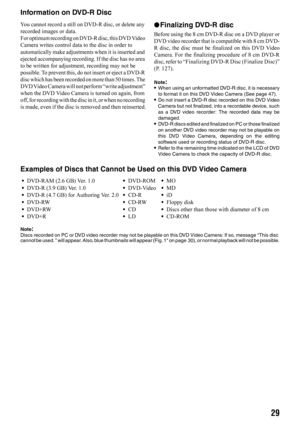 Page 2929
Information on DVD-R Disc
You cannot record a still on DVD-R disc, or delete any 
recorded images or data.
For optimum recording on DVD-R disc, this DVD Video 
Camera writes control data to the disc in order to 
automatically make adjustments when it is inserted and 
ejected accompanying recording. If the disc has no area 
to be written for adjustment, recording may not be 
possible. To prevent this, do not insert or eject a DVD-R 
disc which has been recorded on more than 50 times. The 
DVD Video...