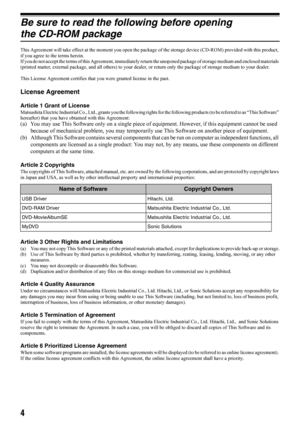 Page 44
Be sure to read the following before opening 
the CD-ROM package
This Agreement will take effect at the moment you open the package of the storage device (CD-ROM) provided with this product, 
if you agree to the terms herein.
If you do not accept the terms of this Agreement, immediately return the unopened package of storage medium and enclosed materials 
(printed matter, external package, and all others) to your dealer, or return only the package of storage medium to your dealer.
This License...