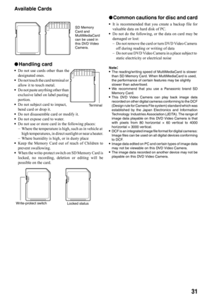 Page 3131
Available Cards 
lHandling card
•Do not use cards other than the
designated ones.
•Do not touch the card terminal or 
allow it to touch metal.
•Do not paste anything other than 
exclusive label on label pasting 
portion.
•Do not subject card to impact, 
bend card or drop it.
•Do not disassemble card or modify it.
•Do not expose card to water.
•Do not use or store card in the following places:
−Where the temperature is high, such as in vehicle at 
high temperatures, in direct sunlight or near a...