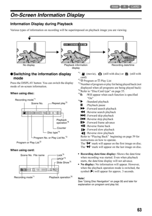 Page 6363
123
On-Screen Information Display
Information Display during Playback
Various types of information on recording will be superimposed on playback image you are viewing.
lSwitching the information display 
mode
Press the DISPLAY button: You can switch the display 
mode of on-screen information.
When using disc:
When using card:
*1 (movie),    (still with disc) or   (still with 
card)
*26 7
8 Program or 1
2
3
4
5 Play List*3Number of program or play list being played back (not 
displayed when all...