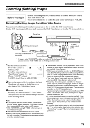 Page 7575
123
Recording (Dubbing) Images
Recording (Dubbing) Images from Other Video Device 
You can record (dub) images from other video devices to disc or card in this DVD Video Camera.
Use the AV/S input/output cable (provided) to connect the DVD Video Camera to the other AV device as follows:
1Set the input source on the 
DVD Video Camera to 
“LINE (L IN)”.
Switch the input referring to 
“Input Source” on page 88.
Choose “S LINE” to input 
S-VIDEO signal (Only for VDR-M70PP).
2Turn on the connected device,...