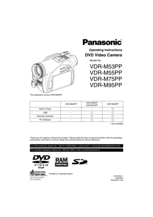 Page 1- : Not available
Thank you for buying a Panasonic product. Please take the time to become familiar with the operating 
instructions and how it is set up. Keep this manual handy for future reference.
Printed on recycled paper.
VQT0R00-1
QR35665
M0205KZ-1035
Operating Instructions
DVD Video Camera
Model No.
VDR-M53PP
VDR-M55PP
VDR-M75PP
VDR-M95PP
VDR-M53PPVDR-M55PP
VDR-M75PPVDR-M95PP
Built-in Flash - -
USB -
Remote Controller -
PC Software -
The illustration shows VDR-M95PP.
For USA assistance, please...