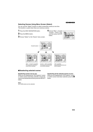 Page 111111
123
Selecting Scenes Using Menu Screen (Select)
You can use this “Select” function to select consecutive scenes at one time.
This function is useful when there are numerous scenes.
1Press the DISC NAVIGATION button.
2Press the MENU button.
3Choose “Select” on the “Scene” menu screen.
4Choose “Start → Current”, 
“Current → End” or “All” 
and then press the A 
button.
lDeselecting selected scenes
Deselecting scenes one by one:
While you are displaying the “All Programs” screen 
on which scenes have...
