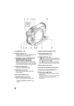 Page 2020
15 Viewfinder (P. 7, 37)
16 Diopter control (P. 37)
To adjust the focus of image appearing in the 
viewfinder (pull out the viewfinder).
17 ACCESS/PC indicator (VDR-M55PP/VDR-
M75PP/VDR-M95PP) (P. 9, 51, 52)
ACCESS indicator* (VDR-M53PP)
Will blink or light when the disc in DVD Video 
Camera is accessed (write or read is executed) 
or the DVD Video Camera is connected to PC.
18 Photo shot button (P.52)
Used when shooting still images.
19 DISC EJECT lever (P. 46)
Press and release this lever to open...