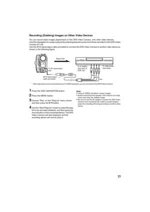 Page 7777
Recording (Dubbing) Images on Other Video Devices
You can record (dub) images played back on this DVD Video Camera, onto other video devices.
Use Disc Navigation to create a play list by selecting desired scenes from those recorded on this DVD Video 
Camera (P.116).
Use the AV/S input/output cable (provided) to connect the DVD Video Camera to another video device as 
shown in the following figure:
1Press the DISC NAVIGATION button.
2Press the MENU button.
3Choose “Play” on the “PlayList” menu screen,...