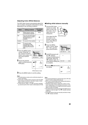 Page 8181
Adjusting Color (White Balance)
This DVD Video Camera automatically adjusts the 
color of subject. Change the white balance setting 
depending on the recording conditions.
1Press the MENU button, 
choose “White Bal.” on 
the “Camera Functions 
Setup” menu screen, and 
then press the A 
button.
2Choose the desired 
option, and then press the 
A button.
3Press the MENU button to end the setting.
Note:The white balance mode can be confirmed using the on-
screen information.
In Set mode, resetting will...