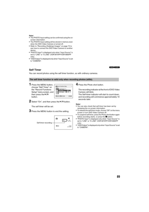 Page 8989
Note:The PHOTO Input setting can be confirmed using the on-
screen information.
The PHOTO Input setting will be stored in memory even 
when the DVD Video Camera is turned off.
Refer to “Recording (Dubbing) Images” on page 75 to 
see how to connect the DVD Video Camera to another 
device.
“PHOTO Input” is displayed only when “Input Source” is 
set to “LINE” or “S LINE” (VDR-M75PP/VDR-M95PP 
only).
“OSD Output” is displayed only when “Input Source” is set 
to “CAMERA”.
13Self Timer
You can record...