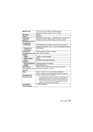 Page 3333(SPA) SQT0837
Monitor LCD3,0q TFT LCD (4:3) (Aprox. 460.000 puntos) 
(campo de relación visual en torno al 100%)
Micrófono Estéreo
Altavoz Monaural
Soporte de 
grabación Memoria integrada (Aprox. 10 MB)/Tarjeta de memoria SD/
Tarjeta de memoria SDHC/Tarjeta de memoria SDXC
Formato de archivo 
de grabación Imagen fija
JPEG (basada en el “Design rule for Camera File system”, 
basada en el estándar “Exif 2.3”, DPOF correspondiente)/MPO
Imágenes en 
movimiento AVCHD/MP4
Formato de 
compresión de audio...