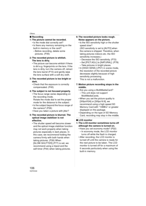 Page 106Others
106VQT0V40
∫Recording
1: The picture cannot be recorded.  Is the mode dial correctly set?
 Is there any memory remaining on the 
built-in memory or the card?
– Before recording, delete some  pictures. (P35)
2: The recorded picture is whitish. The lens is dirty.
 The picture can become whitish if there is dirt e.g. fingerprints on the lens. If the 
lens is dirty, turn the camera off, retract 
the lens barrel (P10) and gently wipe 
the lens surface with a soft dry cloth.
3: The recorded picture...