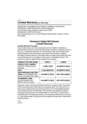 Page 118Others
118VQT0V40
Limited Warranty (For USA Only)
PANASONIC CONSUMER ELECTRONICS COMPANY, DIVISION OF 
PANASONIC CORPORATION OF NORTH AMERICA
One Panasonic Way, Secaucus, New Jersey 07094
PANASONIC PUERTO RICO, INC.
Ave. 65 de Infantería, Km. 9.5, San Gabriel Industrial Park, Carolina, Puerto 
Rico 00985
Panasonic Digital Still Camera Limited Warranty
Limited Warranty Coverage
If your product does not work properly because of a defect in materials or 
workmanship, Panasonic Consumer Electronics Company...