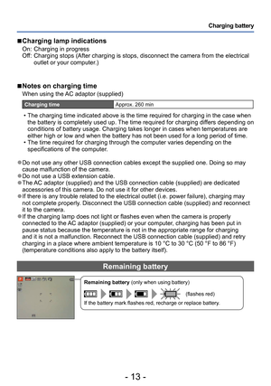 Page 13- 13 -
Charging battery
 ■Charging lamp indications
On:  Charging in progress
Of f:    Charging stops (After charging i s stops, disconnect the camera from the electrical 
outlet or your computer.)
 ■Notes on charging time
When using the AC adaptor (supplied)
Charging time Approx. 260 min
 • The charging time indicated above is the time required for charging in the case when 
the battery is completely used up. The time required for charging dif fers depending on 
conditions of battery usage. Charging...