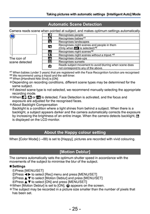 Page 25- 25 -
Taking pictures with automatic settings  [Intelligent Auto] Mode 
Automatic Scene Detection
Camera reads scene when pointed at subject, and makes optimum settings automatically.
The icon of  
scene detected
Recognises peopleRecognises babies∗1
Recognises landscapesRecognises night scenes and people in them  
(Only when  is selected)∗2
Recognises night scenes∗2
Recognises night scenes without a tripod.∗3
Recognises close-upsRecognises sunsetsReads subject movement to avoid blurring when scene does...