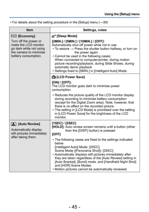 Page 45- 45 -
Using the [Setup] menu
ItemSettings, notes
[Economy]
Turn off the power or 
make the LCD monitor 
go dark while not using 
the camera to minimise 
battery consumption. [Sleep Mode]
[2MIN.] / [5MIN.] / [10MIN.] / [OFF]: 
Automatically shut off power while not in use.
 • To restore →  Press the shutter button halfway, or turn on 
the power again.
 • Cannot be used in the following cases: When connected to computer/printer, during motion 
picture recording/playback, during Slide Shows, during...