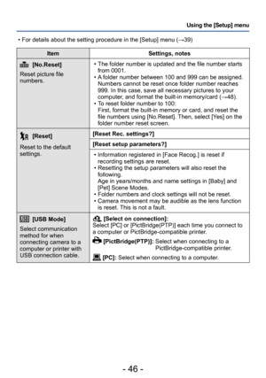 Page 46- 46 -
Using the [Setup] menu
ItemSettings, notes
[No.Reset]
Reset picture file 
numbers.  • The folder number is updated and the file number starts  from 0001. 
 • A folder number between 100 and 999 can be assigned.Numbers cannot be reset once folder number reaches 
999. In this case, save all necessary pictures to your 
computer

, and format the built-in memory/card (→48).
 • To reset folder number to 100:First, format the built-in memory or card, and reset the 
file numbers using [No.Reset]. 

Then,...