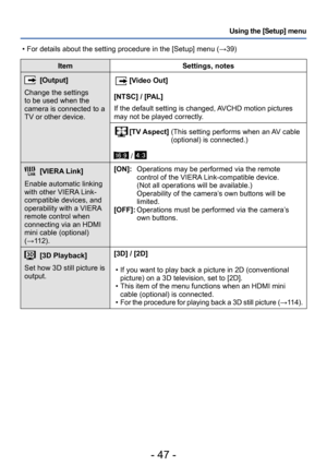 Page 47- 47 -
Using the [Setup] menu
ItemSettings, notes
[Output]
Change the settings 
to be used when the 
camera is connected to a 
TV or other device.[Video Out]
[NTSC] / [PAL]
If the default setting is changed, AVCHD motion pictures 
may not be played correctly.
[TV Aspect]  (This setting performs when an A V cable 
(optional) is connected.)
 / 
[VIERA Link]
Enable automatic linking 
with other VIERA Link-
compatible devices, and 
operability with a VIERA 
remote control when 
connecting via an HDMI 
mini...