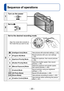 Page 20- 20 -
Basics
Sequence of operations
1
Turn on the power
2
Set to 
3
Set to the desired recording mode
Align the mode dial correctly to 
the mode that you want to use. →
[Intelligent Auto] Mode
Take pictures with automatic settings. (→24)
[Program AE] ModeRecord pictures with your own settings. 
(→22)
[Aperture-Priority] ModeDetermine aperture, then record pictures. 
(→59)
[Shutter-Priority] ModeDetermine shutter speed, then record 
pictures. (→59)
[Manual Exposure] ModeDetermine aperture and shutter...