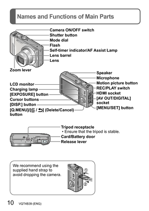 Page 1010   VQT4B39 (ENG)
Names and Functions of Main Parts
Camera ON/OFF switch
Shutter button
Mode dial
Flash
Self-timer indicator/AF Assist Lamp
Lens barrel
Lens
Zoom lever
Tripod receptacle
 • Ensure that the tripod is stable.
Card/Battery door
Release lever
We recommend using the 
supplied hand strap to 
avoid dropping the camera.
LCD monitor
Charging lamp
[EXPOSURE] button
Cursor buttons
[DISP.] button
[Q.MENU]/[
 / ] (Delete/Cancel) 
button Speaker
Microphone
Motion picture button
REC/PLAY switch
HDMI...