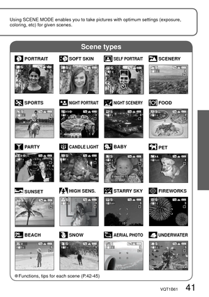 Page 41Scene types
333
3333
33
3
3
9 months 10 days10:00 MAR.15.2007
3
F3.31/30
3OFF
3OFF
3OFF
15
3
3333
AF LOCK
VQT1B61   41
Using SCENE MODE enables you to take pictures with optimum settings (exposure, 
coloring, etc) for given scenes. 
  PORTRAIT SOFT SKIN SCENERY
 SPORTS NIGHT PORTRAIT NIGHT SCENERY
 SELF PORTRAIT
 FOOD
 PARTY CANDLE LIGHT
 FIREWORKS STARRY SKY
 BEACH SNOW AERIAL PHOTO
 HIGH SENS.
 BABY
 UNDERWATER
  SUNSET
 PET
 Functions, tips for each scene (P.42-45) 