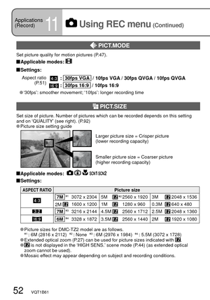 Page 5252   VQT1B61
Applications
(Record)
11 Using REC menu (Continued)
 PICT.MODE
Set picture quality for motion pictures (P.47).
 Applicable  modes: 
 Settings:
Aspect ratio 
(P.51) :   30fps VGA   / 10fps VGA / 30fps QVGA / 10fps QVGA
 :   30fps 16:9   / 10fps 16:9
 PICT.SIZE
Set size of picture. Number of pictures which can be recorded depends on this setting 
and on ‘QUALITY’ (see right). (P.92)
 Picture size setting guide
 Applicable modes:      
 Settings:
ASPECT RATIOPicture size
  7M   13072 x 2304 5M...