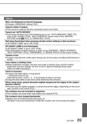 Page 89VQT1B61   89
Others
Menu not displayed in desired language. Change ‘LANGUAGE’ setting (P.22).
Camera rattles if shaken.
 This sound is made by the lens movement and is not a fault.
Cannot set ‘AUTO REVIEW’.
 Cannot be set when any of the following are in use: ‘AUTO BRACKET’ (DMC-TZ3 
only) (P.38), ‘BURST’ (P.54), ‘SELF PORTRAIT’ scene mode (P.42), MOTION 
PICTURE mode 
 (P.47), or ‘AUDIO REC.’ (P.53).
Red lamp illuminated when pressing shutter button halfway in dark locations.
 ‘AF ASSIST LAMP’ set to...