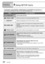 Page 2020   VQT1B61
Preparations6 Using SETUP menu
Item Uses, operations
CLOCK SET 1, 2Set the date and time.
WORLD TIME 1, 2Set the local time at an overseas destination (P.49)
MONITOR 1, 2Adjust the brightness of the LCD monitor (7 levels).
GUIDE LINE
Change the pattern of the guide lines displayed when taking 
pictures.
Display recording information or histogram together with guide 
lines (P.33).
TRAVEL DATE 1, 2Record the number of days elapsed in your travels.
AUTO REVIEW
Automatically display pictures...