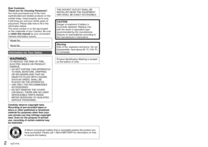 Page 22   VQT1P79VQT1P79   3
A lithium ion/polymer battery that is recyclable powers the product you 
have purchased. Please call 1-800-8-BATTERY for information on how 
to recycle this battery. Dear Customer,
Thank you for choosing Panasonic!
You have purchased one of the most 
sophisticated and reliable products on the 
market today. Used properly, we’re sure 
it will bring you and your family years of 
enjoyment. Please take time to fill in the 
information below.
The serial number is on the tag located 
on...