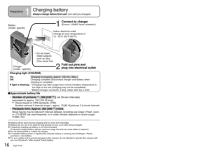 Page 1616   VQT1P79VQT1P79   17
Preparations1
Charging battery
Always charge before first use! (not sold pre-charged)Preparations2Inserting battery and card
 Approximate battery life
 
•   
 Number of pictures  : 300 [330  ]  (at 30-sec intervals)
    (equivalent to approx. 150 [165 2] mins)
  1   Values based on CIPA standards. (P.99)
 Number reduced if intervals longer – approx. 75 [82 2] pictures if 2-minute intervals
 •   
 Playback time: Approx. 360 [380  ] mins 
   Above figures may be reduced if...