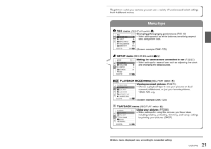 Page 2120   VQT1P79VQT1P79   21
Preparations4Using menusTo get more out of your camera, you can use a variety of functions and select settings 
from 4 different menus.
Menu type
 To restore default settings ‘RESET’ (P.25)
1
Bring up the menu
3&$
EXITMENUSELECTASPECT RATIO 
PICTURE SIZE 
SENSITIVITYAU TOOFFINTELLIGENT ISO
QUALITY
(Screen example: DMC-TZ5)
 Selecting menu type
  Highlight   Select  and return 
to menu items
3&$
ASPECT R
SENSITIVIINTELLIGE
QUALITYPICTURE S
SELECT
SETUP
MONITOR CLOCK SEWORLD TI
LCD...