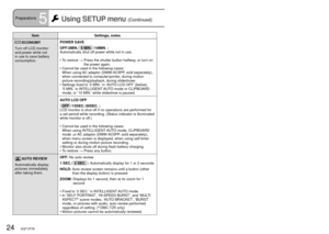Page 2424   VQT1P79VQT1P79   25
Preparations5 Using SETUP menu (Continued)
ECONOMY
Turn off LCD monitor 
and power while not 
in use to save battery 
consumption.POWER SAVE
OFF/2MIN./  5 MIN.  /10MIN. : 
Automatically shut off power while not in use.
•  To restore →  Press the shutter button halfway, or turn on 
the power again.
•  Cannot be used in the following cases:
  When using AC adaptor (DMW-AC5PP, sold separately), 
when connected to computer/printer, during motion 
picture recording/playback, during...