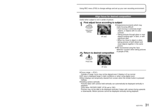 Page 3130   VQT1P79VQT1P79   31
Basics2
  Taking pictures with your 
own settingsUsing REC menu (P.55) to change settings and set up your own recording environment.
1
Turn on the power
Status indicator illuminated for 
approx. 1 second.
2
Set to 
3
Set to (NORMAL PICTURE mode)
NORMAL PICTURE
4
Take a picture
Press halfway
(Adjust the 
focus)
Press fully
F3.31/30F3.3 1/30
Focus display
(when focus 
aligned: flashing 
→ illuminated)
AF area
(Aligns focus with subject; when 
complete: red/white → green)
•  Beep...