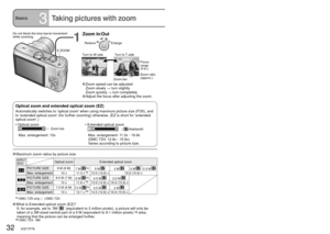 Page 3232   VQT1P79VQT1P79   33
Basics3Taking pictures with zoom
You can zoom in up to 10 times with ‘optical zoom’, and up to 16.9 (DMC-TZ4: 15.9) 
times with ‘EX optical zoom’ with lower picture quality. You can also use ‘digital zoom’ to 
zoom in even further.
1
Zoom In/Out
Restore Enlarge
 
Turn to W side Turn to T side
55
1X1X0.05m-?0.05m-?
55
10X10X1 m -?1 m -?
Focus
range 
(P.41)
Zoom ratio 
(approx.)
Zoom bar
 Zoom speed can be adjusted. 
 Zoom slowly → turn slightly
 Zoom quickly → turn completely...