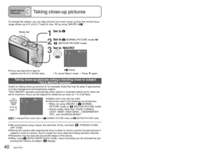 Page 4040   VQT1P79VQT1P79   41
To enlarge the subject, you can take pictures from even closer up than the normal focus 
range allows (up to 5 cm [0.17 feet] for max. W) by using ‘MACRO ()’.
1
Set to  
2
Set to (NORMAL PICTURE mode) or 
 (MOTION PICTURE mode)
3
Set to ‘MACRO’
 display
55
• To cancel Macro mode → Press ▼ again. Mode dial
Taking close-up pictures without standing close to subject 
‘TELE MACRO function’
Useful for taking close-up pictures of, for example, birds that may fly away if approached, 
or...