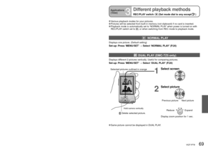 Page 6968   VQT1P79VQT1P79   69
 To make single picture from 9 surrounding frames 
→ Press ‘MENU/SET’ between steps  and  above to set to 9-screen display (Press 
again to return to one-screen display)
•  To advance by 3
frames:▲▼
•  To advance by 1 
frame: ◄►
Turn to W side
(No. of Frames/
sec changes 
with each turn)WSAVE SELECT
Frames/sec
Frame rate can be changed according to the speed of subject movement.
Scenes with fast movement: Increase frame rate (e.g. 30fps)
Scenes with slow movement: Reduce frame...